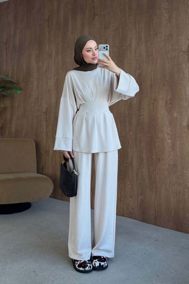 Yelda Waist Belted Suit Beige