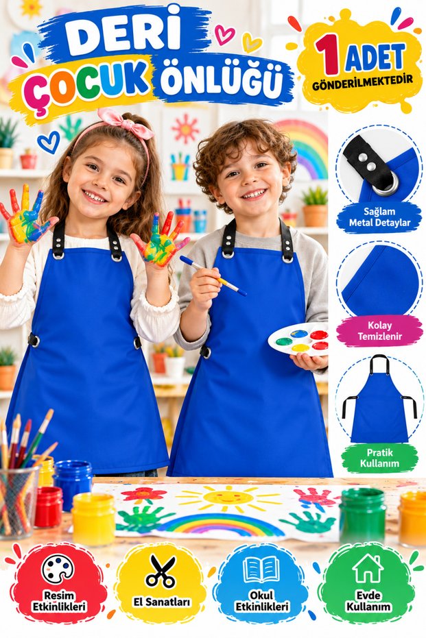 Saks Blue Leather Children's Apron – Standard Size – for Painting, Coloring, and Craft Activities