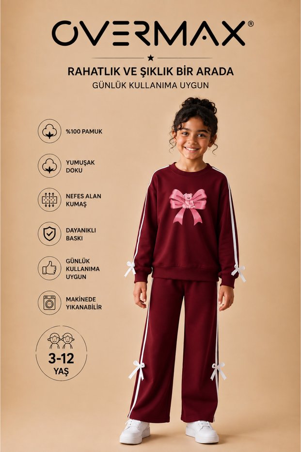 Girl's Pink Ribbon Printed Tracksuit Set with Striped and Bow Detailed Teddy Bear Design – Ages 3-12