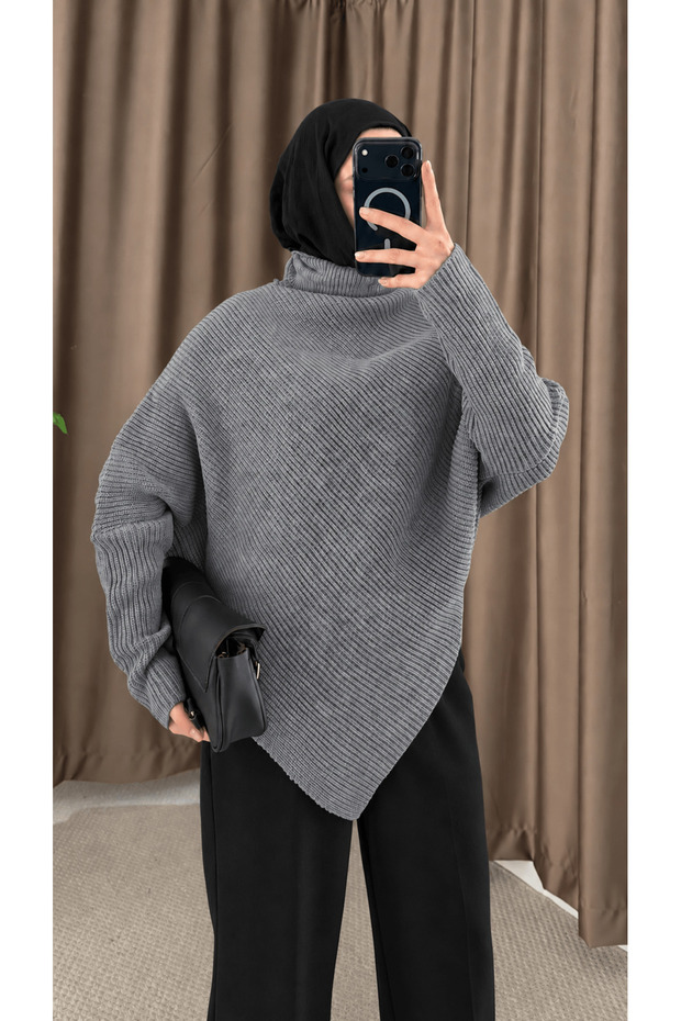 High-Neck Asymmetrical Cut Knit Sweater - 20370 - Gray