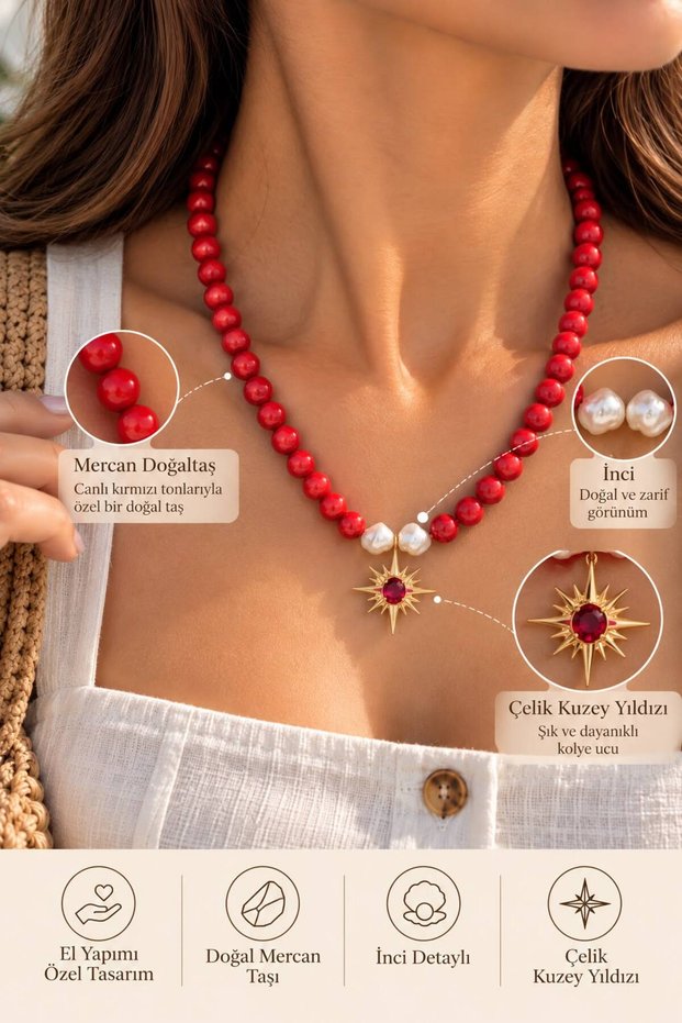 Women's Handmade Natural Coral Stone and Pearl Necklace with Steel North Star Pendant Special Design
