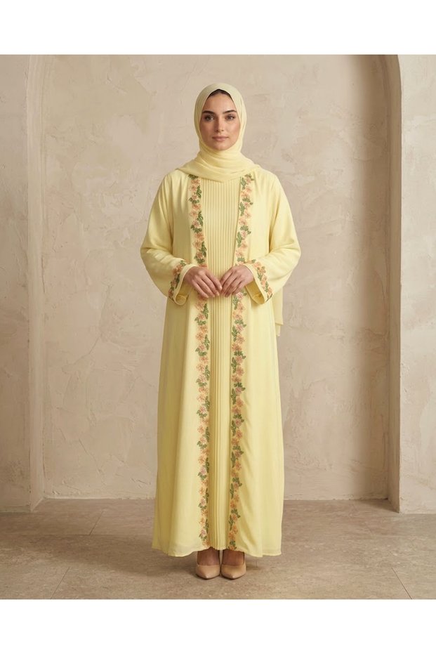 3 In 1 Pastel Yellow Floral Embroidered Pleated Open Abaya With Scarf For Women