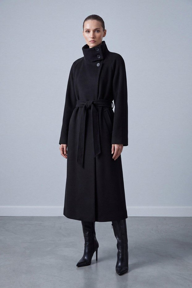 Belted Stand Collar Cashmere Coat Black 32526