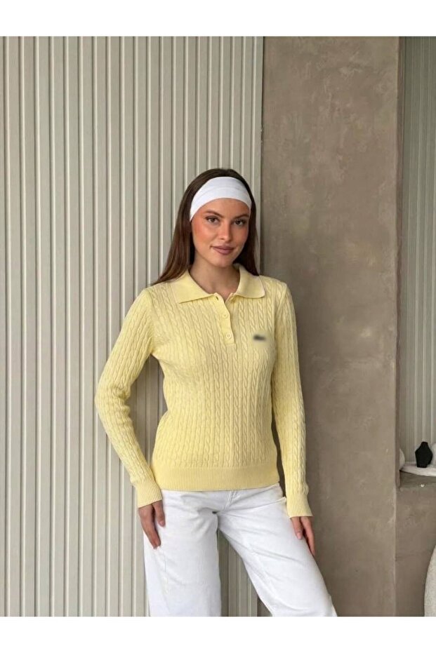Lcs Polo Collar Yellow Short Knit Sweater