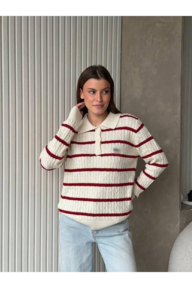 Lcs Polo Collar White-Red Striped Short Knit Sweater