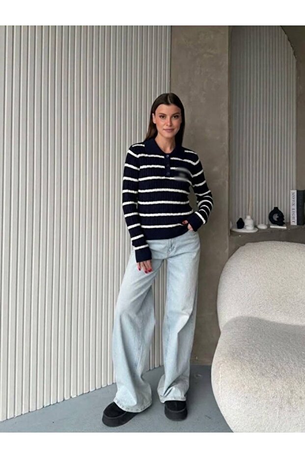 Lcs Polo Collar Navy Blue-White Striped Short Knit Sweater