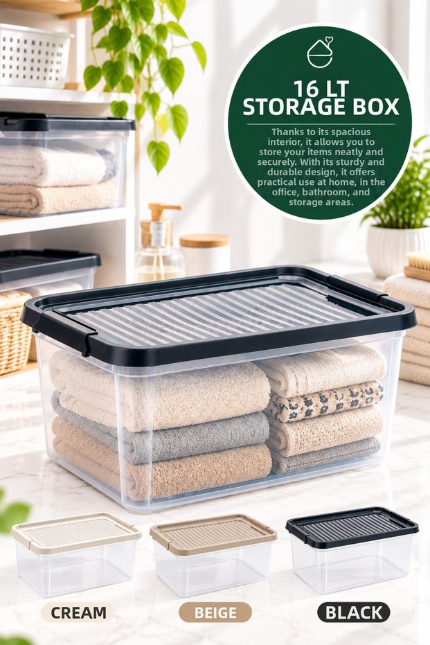16 Lt Storage Box with Lid Clearbox – Transparent Multi-Purpose Organizer Box with Black Lid