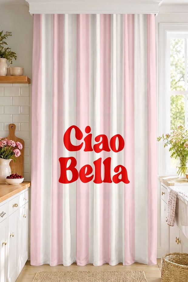 Ciao Bella Written Pink and White Striped Modern Decorative Single Wing Background Curtain (with Cushion Cover as a Gift)