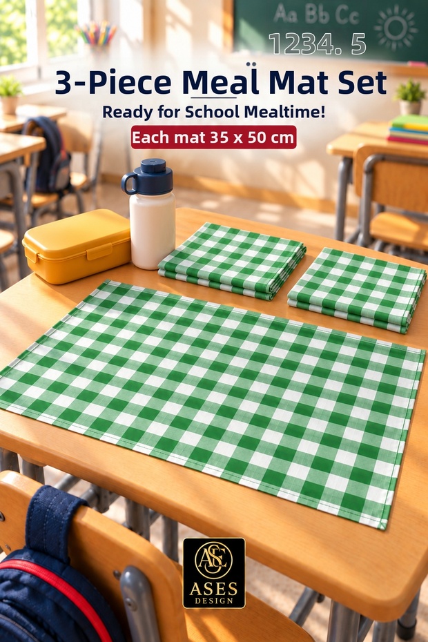 Set of 3 Washable Lunch Mats 35X50 cm Green and White Checkered - Kindergarten and Primary School