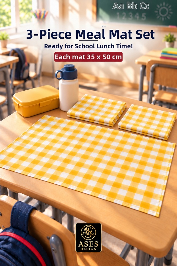 Set of 3 Washable Lunch Mats 35X50 cm Yellow and White Checkered - Kindergarten and Primary School