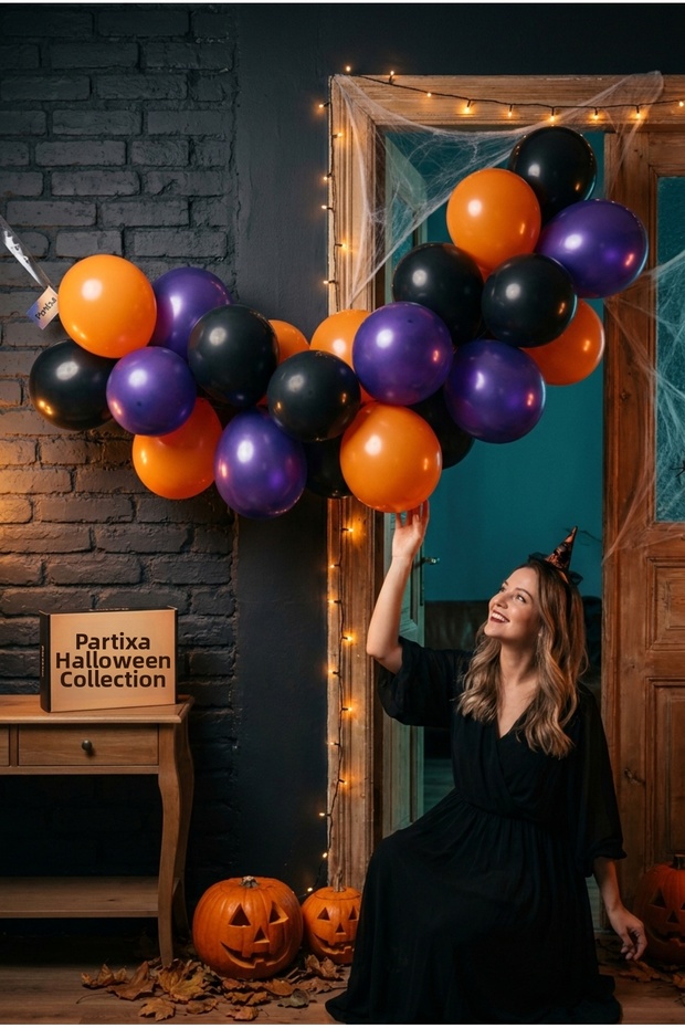 Halloween Mini Balloon Chain Set - 15 Pieces Latex + 5 Meter Balloon Chain (Black, Orange, Purple)