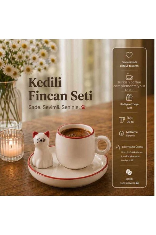 Minimal Cat Figured Ceramic Coffee Cup Set Modern Turkish Coffee Cup Set Stylish Elegant Special