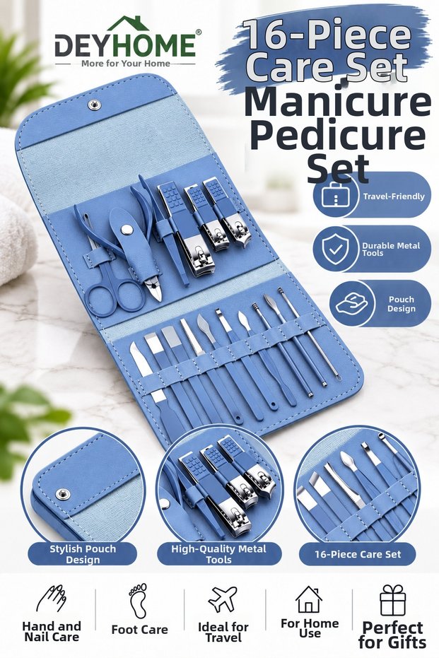 Travel Type 16 Piece Manicure Pedicure Set with Bag Nail Care Set Hand and Foot Care Kit Blue Color