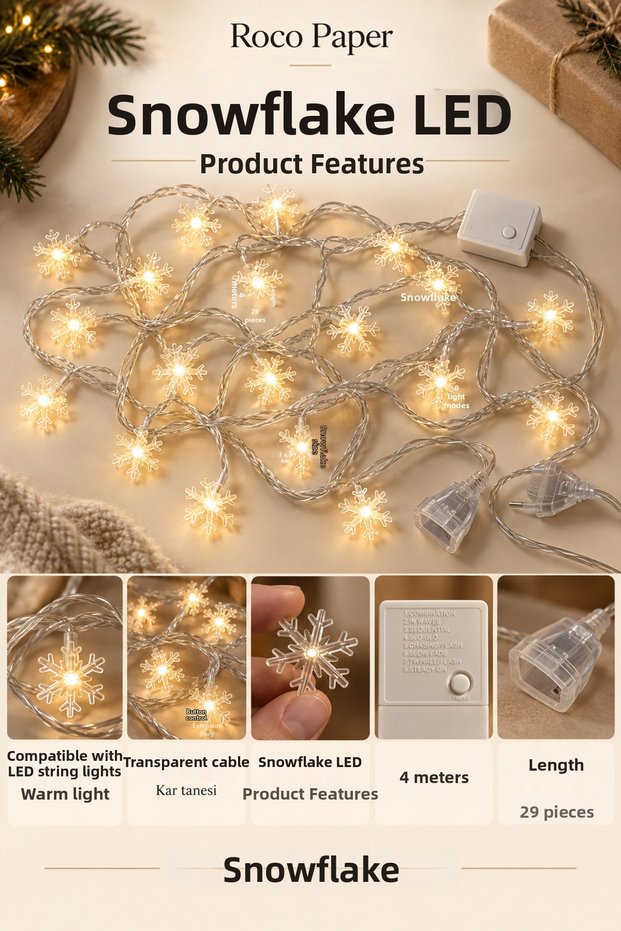 New Year Snowflake Led Light (29 Pieces), 4 Meters - 8 Functions, New Year Tree Decoration, Transparent Cable