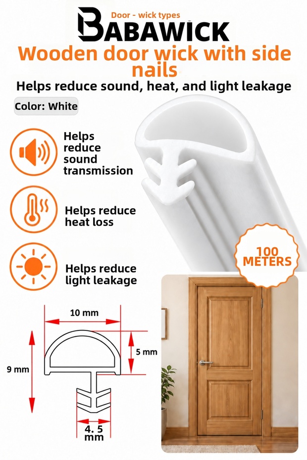 Wooden Door Weatherstrip White Sound, Heat, and Light Reduction Insulation Seal with Side Tabs 100 Meters