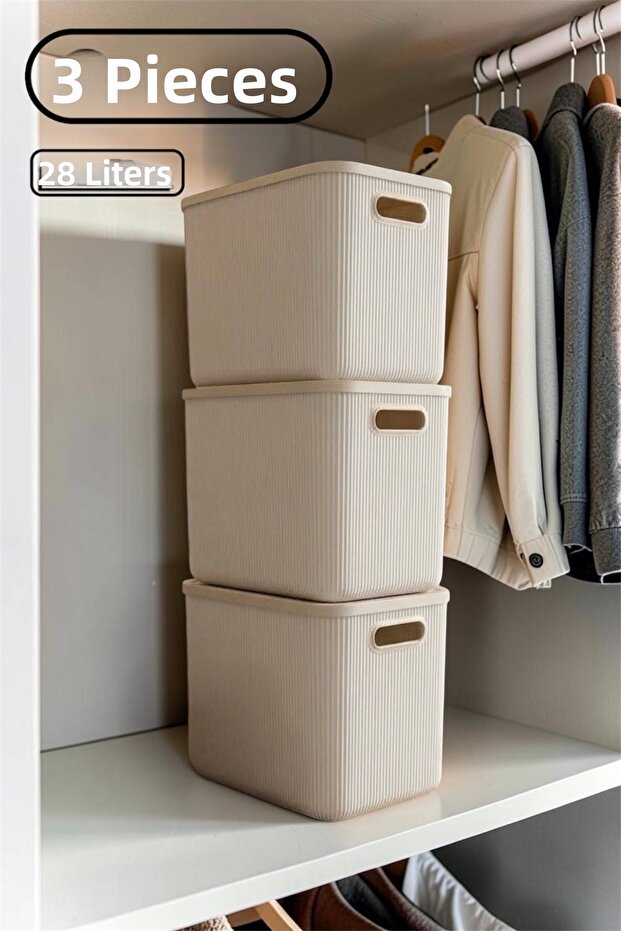 Colors Cream 28 Lt 3 Pieces Closet Organizer Toy Box Storage Box with Lid
