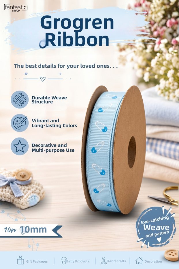 Baby Themed Grosgrain Ribbon 10 mm X 10 Meters – Baby Shower, Birth, Gift Wrapping and Baby Favor Decoration Ribbon