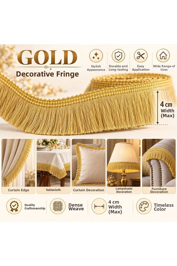 High Quality Rope Fringe Gold Tassel 1 Meter – Decorative Strip, Stylish Design