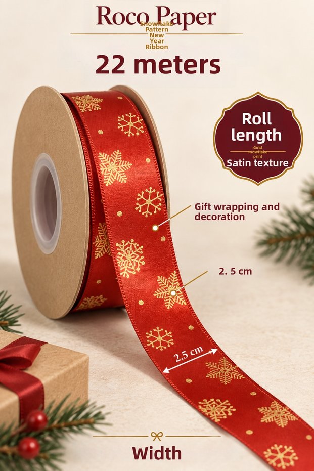 Christmas Snowflake Themed Red Ribbon, 22 Meters-2.5 Cm, Satin Gift Wrapping and Decoration Ribbon