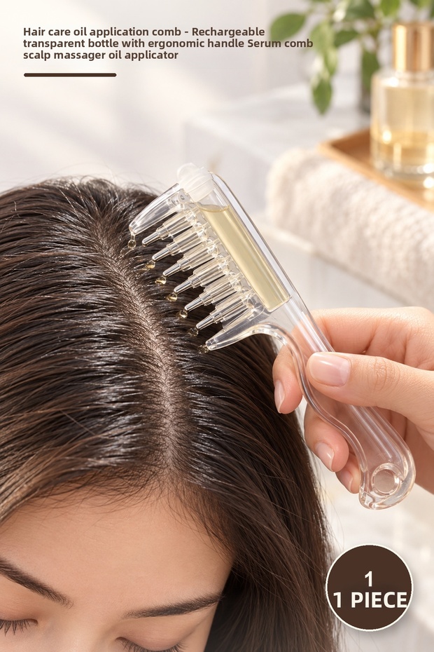 1 Piece Hair Care Oil Application Comb – Ergonomic Handle Serum Comb with Refillable Transparent Container Scalp Massager Oil Applicator