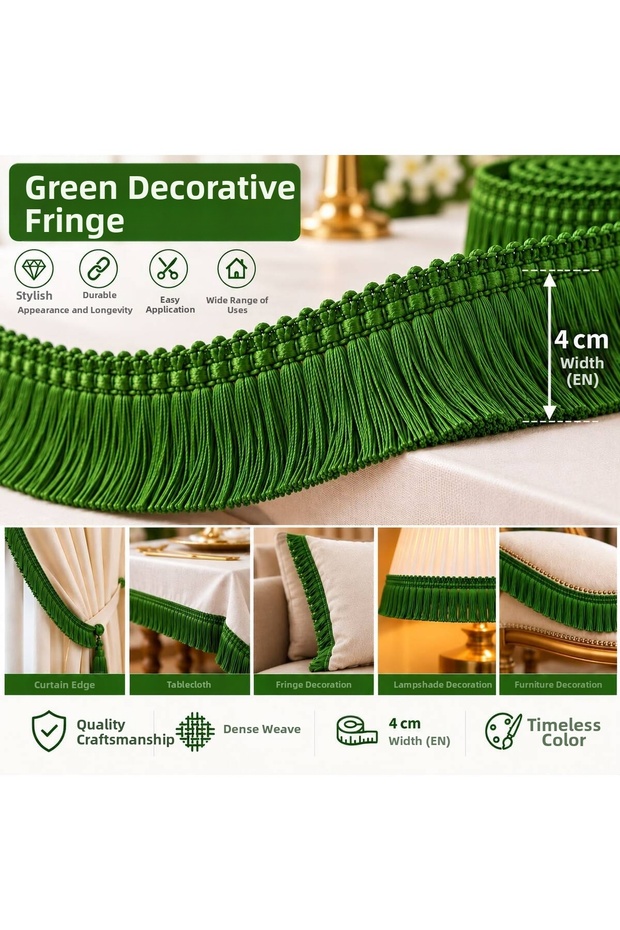 High Quality Rope Fringe Green Tassel 1 Meter – Decorative Strip, Stylish Design