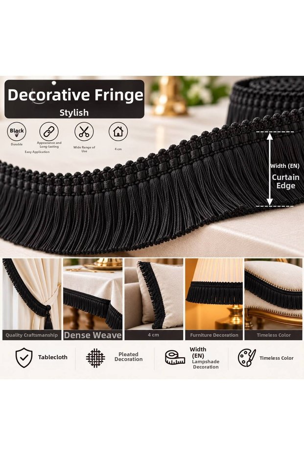 High Quality Rope Fringe Black Tassel 1 Meter – Decorative Strip, Stylish Design