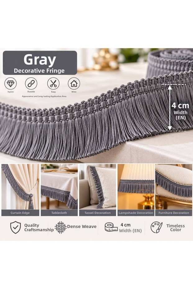High Quality Rope Fringe Gray Tassel 1 Meter – Decorative Strip, Stylish Design