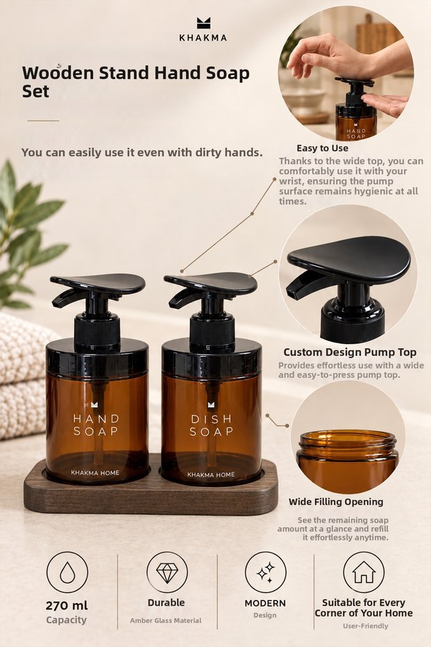 Soap Dispenser Set with Wooden Stand - Amber Glass Soap Dispenser Set with Wrist Press - Liquid Soap and Dishwashing Detergent Dispenser