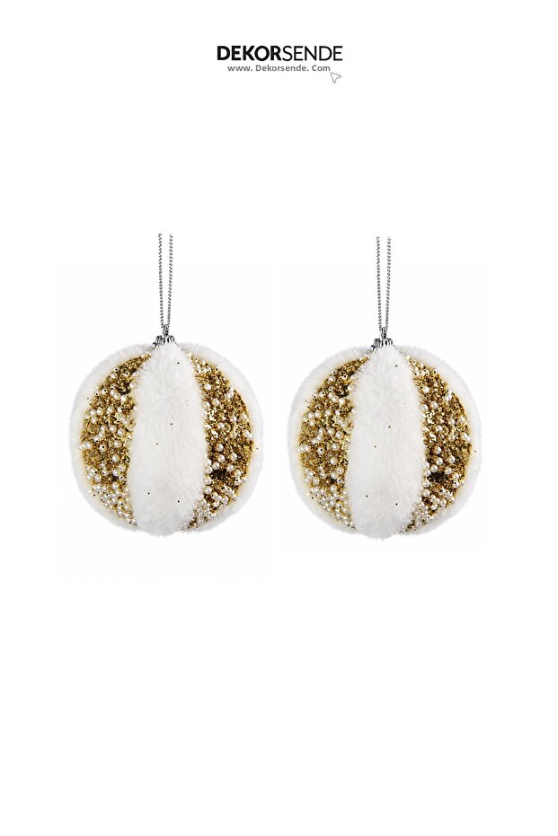 Christmas Tree Ball Feathered 2-Piece Gold White 12 cm