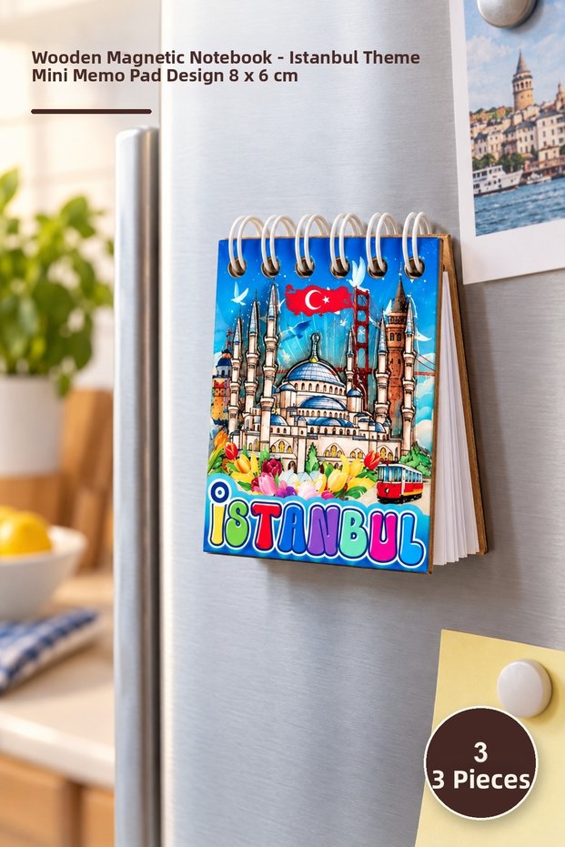 3 Pieces of Wooden Magnetic Notepad – Istanbul Themed Mini Notepad Memo Notebook Design 8 X 6 cm