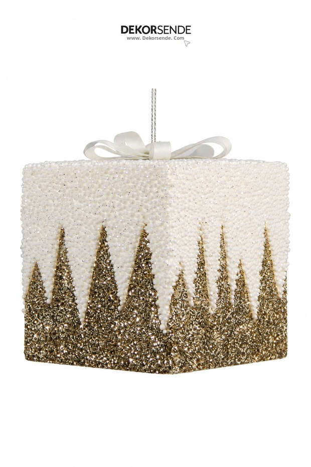 Christmas Ornament Gift Box Zigzag Patterned Champagne 20 cm