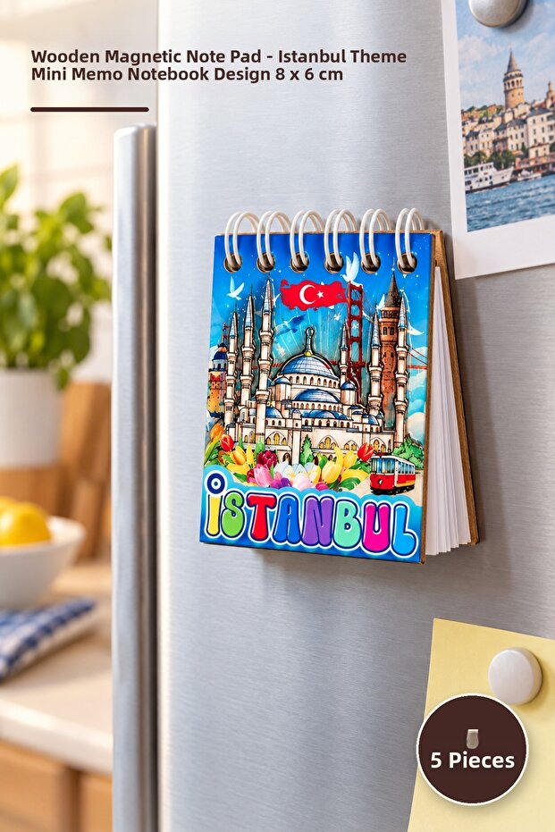 5 Pieces Wooden Magnetic Notepad – Istanbul Themed Mini Notepad Memo Notebook Design 8 X 6 cm