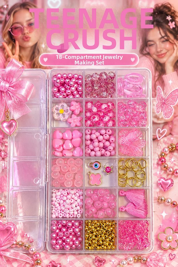 Teenage Crush 18 Compartment Charm Jewelry Making Set – Bracelet Necklace Design Kit with Pink Beads, Figures, and Accessories 💗 ✨