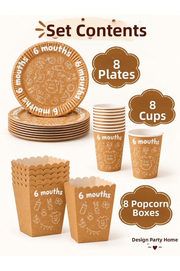 6 Month Celebration Tableware Set for 8 People, 24 Pieces, Plates, Cups, Corn Box
