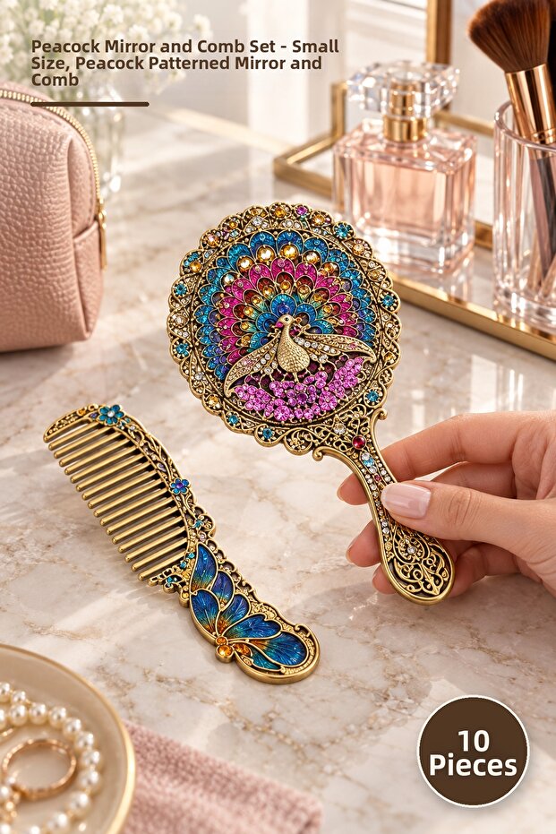 10 Pieces Peacock Mirror and Comb Set – Small Size, Peacock Patterned Mirror-Comb, Peacock Mirror and Comb Set