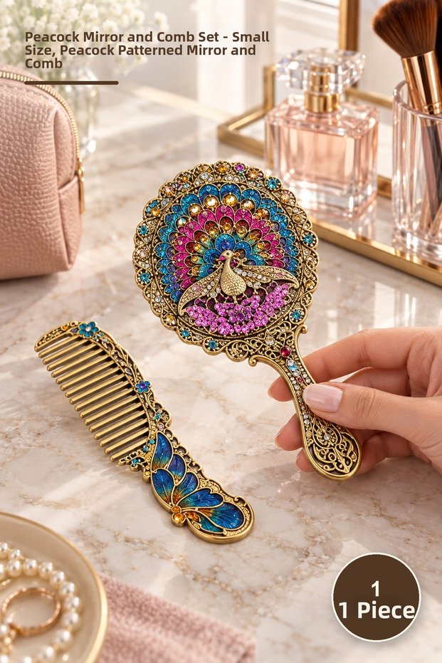 1 Piece Peacock Mirror and Comb Set – Small Size, Peacock Patterned Mirror-Comb, Peacock Mirror and Comb Set