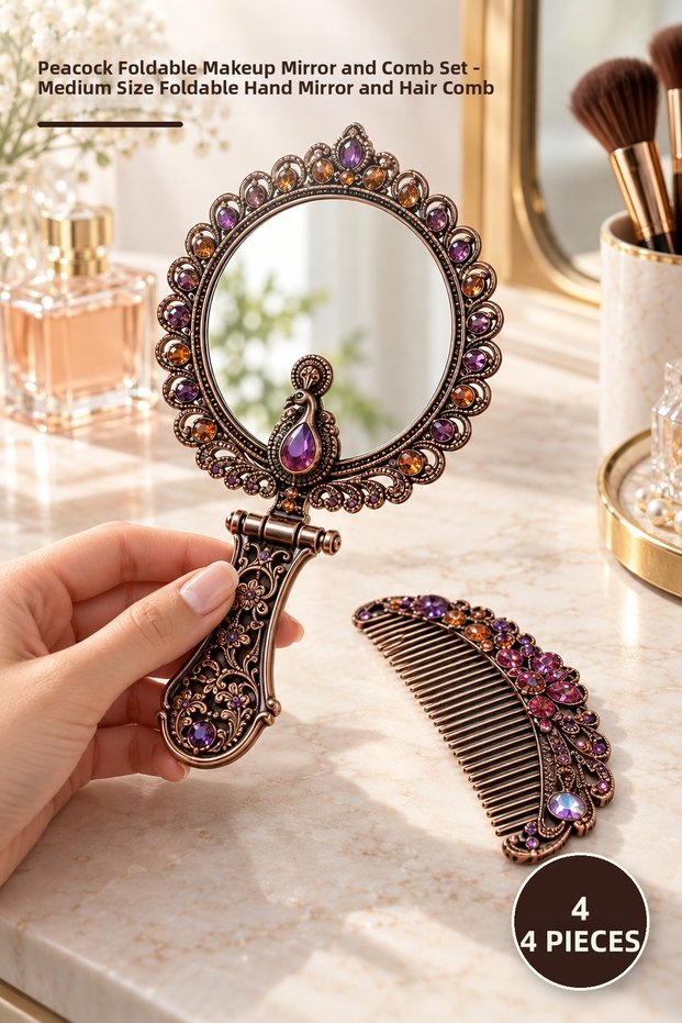 4-Piece Peacock Foldable Makeup Mirror and Comb Set – Medium Size Folding Hand Mirror, Pocket Mirror, Foldable Mirror and Hair Comb