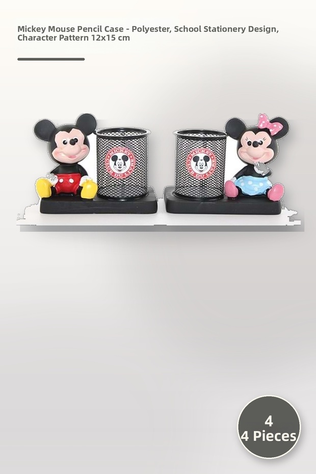 4 Pieces Mickey Mouse Pen Holder – Polyester Children's School Stationery Designed Pencil Case with Character Pattern 12X15 cm