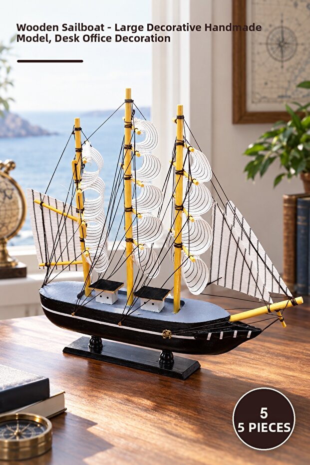 5 Pieces of Wooden Sailing Ship – Large Decorative Handmade Model, Table Office Ornament, Wooden Sailboat