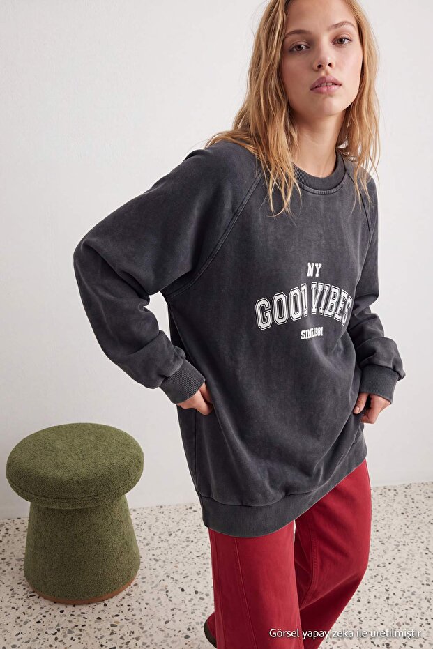 Anthracite Slogan Printed Washable Oversize/Wide Cut Raglan Sleeve Knitted Sweatshirt Twoaw27Sw00182