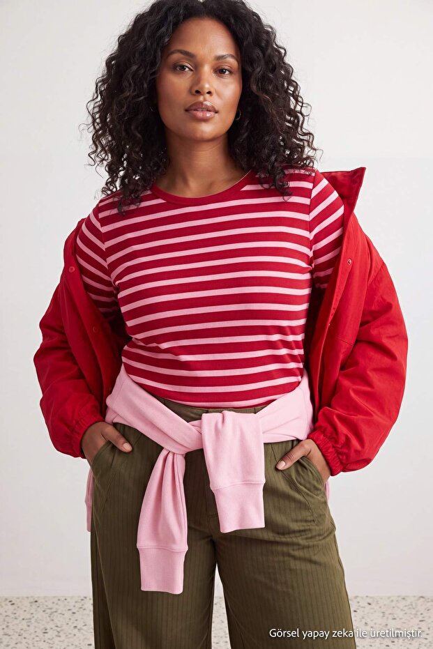 Kırmızı-Pembe Çizgili Regular/Normal Kalıp Basic Bisiklet Yaka Örme T-Shirt TBBAW26BF00003