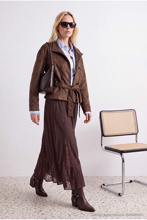 Brown Lace Detailed Lined Chiffon Long Maxi Skirt Twoss26Et00105