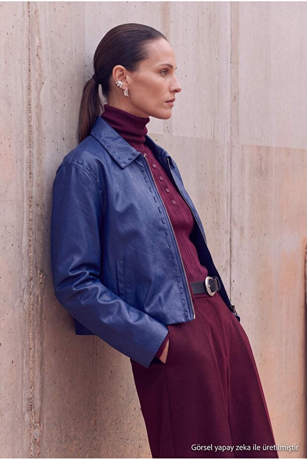 Navy Blue Regular Fit Faux Leather Jacket with Stitching Detail Coattwoaw27Mo00053