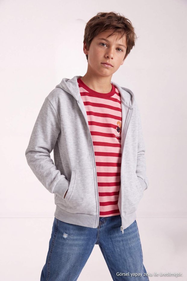 Gray Melange Boy's Plain Knitted Hooded Sweatshirt Tkdaw27Sw00021