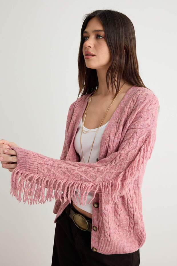 Dusty Rose Soft Textured Tassel Detailed Knitwear Cardigan Twoaw27Hi00213