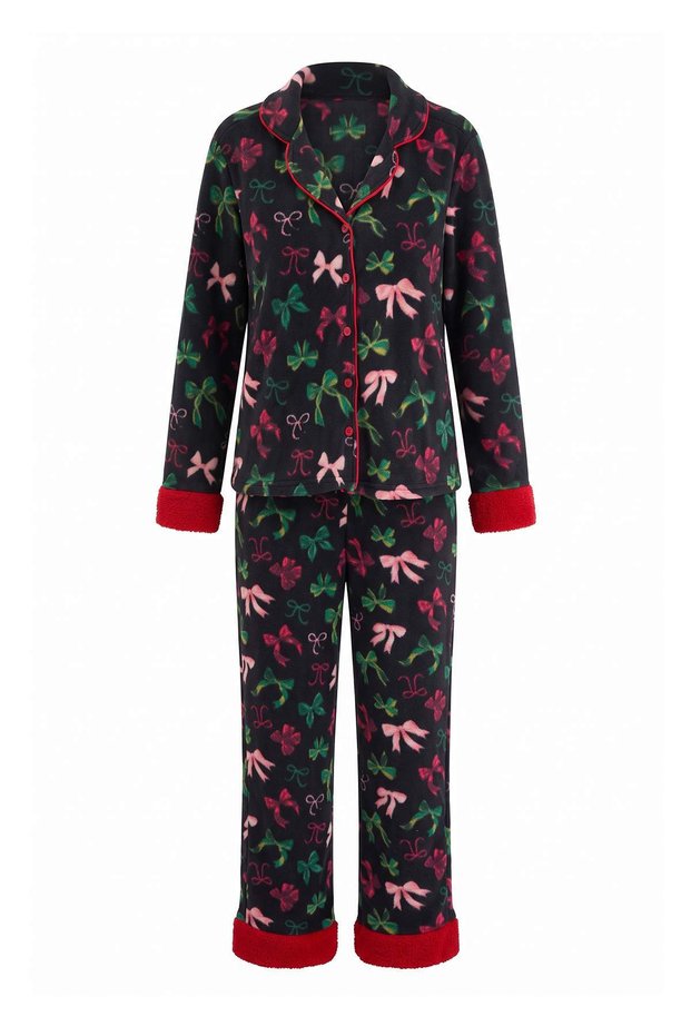 Siyah Yılbaşı ve Kurdele Desenli Polar Örme Pijama Takımı THMAW27PT00213
