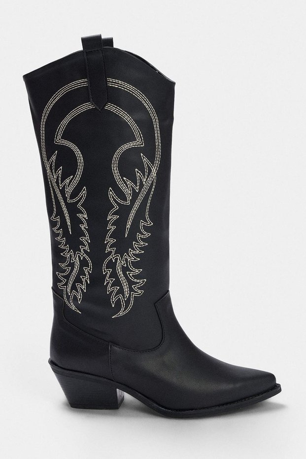 Black Embroidered Detailed 6 cm Women's Block Heeled Cowboy Boots Takaw27Cz00024