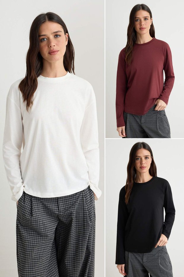 Siyah-Ekru-Bordo 3'lü Paket %100 Süprem Oversize/Geniş Kesim Örme T-Shirt TWOAW25TS00004