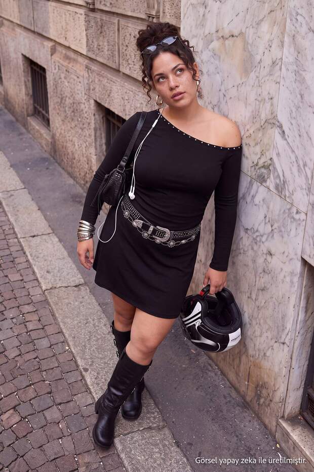 Black Trok Detailed Asymmetrical Collar Mini/Short Knitted Plus Size Dress Tbbaw27Ah00110