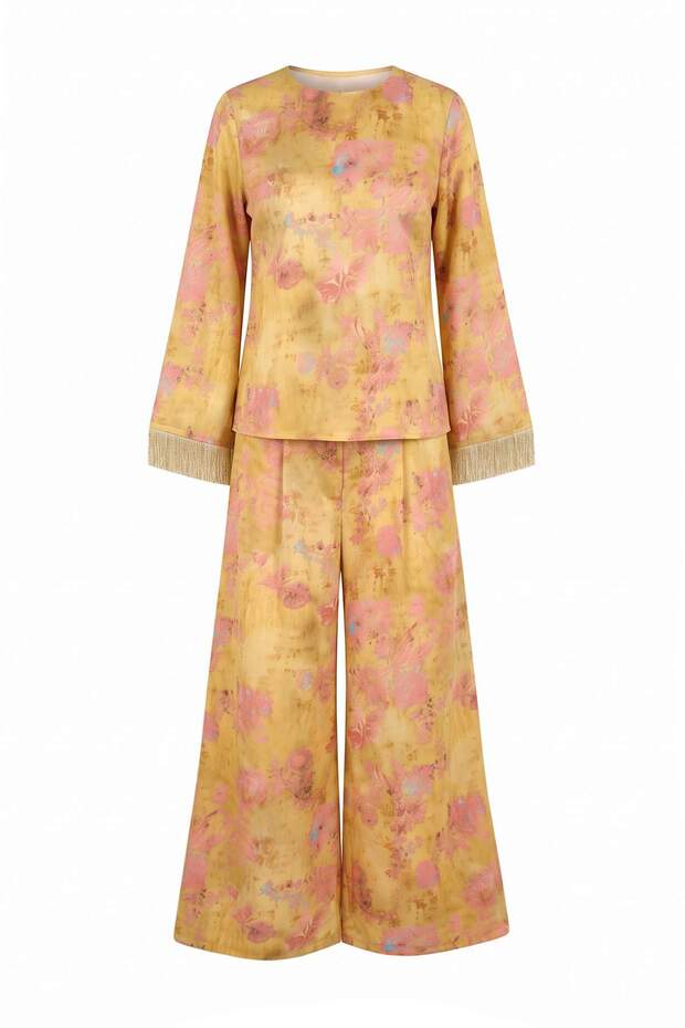 Yellow Satin Patterned Top and Bottom Set Tctaw27Us00047